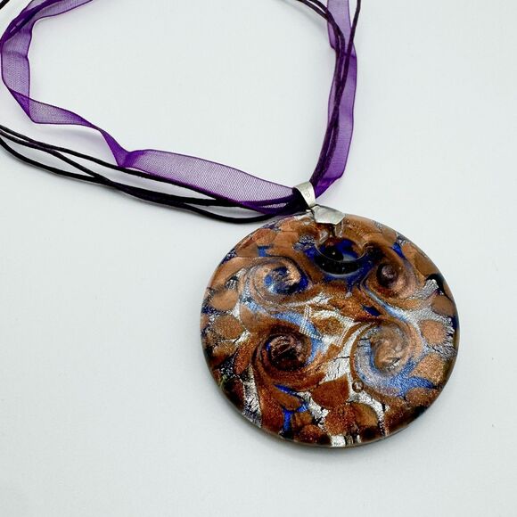 Vintage Murano Blue Glass Swirl Pendant 18K Gold Foil with 18 KGP Boho Retro - Picture 5 of 7